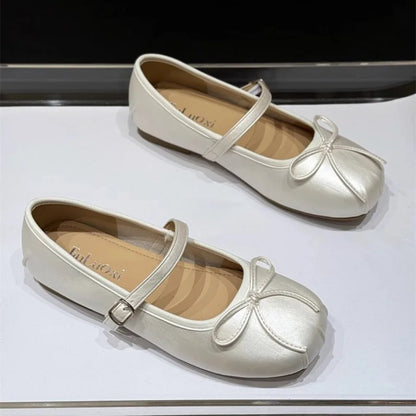 Low-heeled Pumps Women's Leather Flat Bottom with Mary Jane Small Leather Shoes Women's 2025 Summer New Bow Single Shoes Women