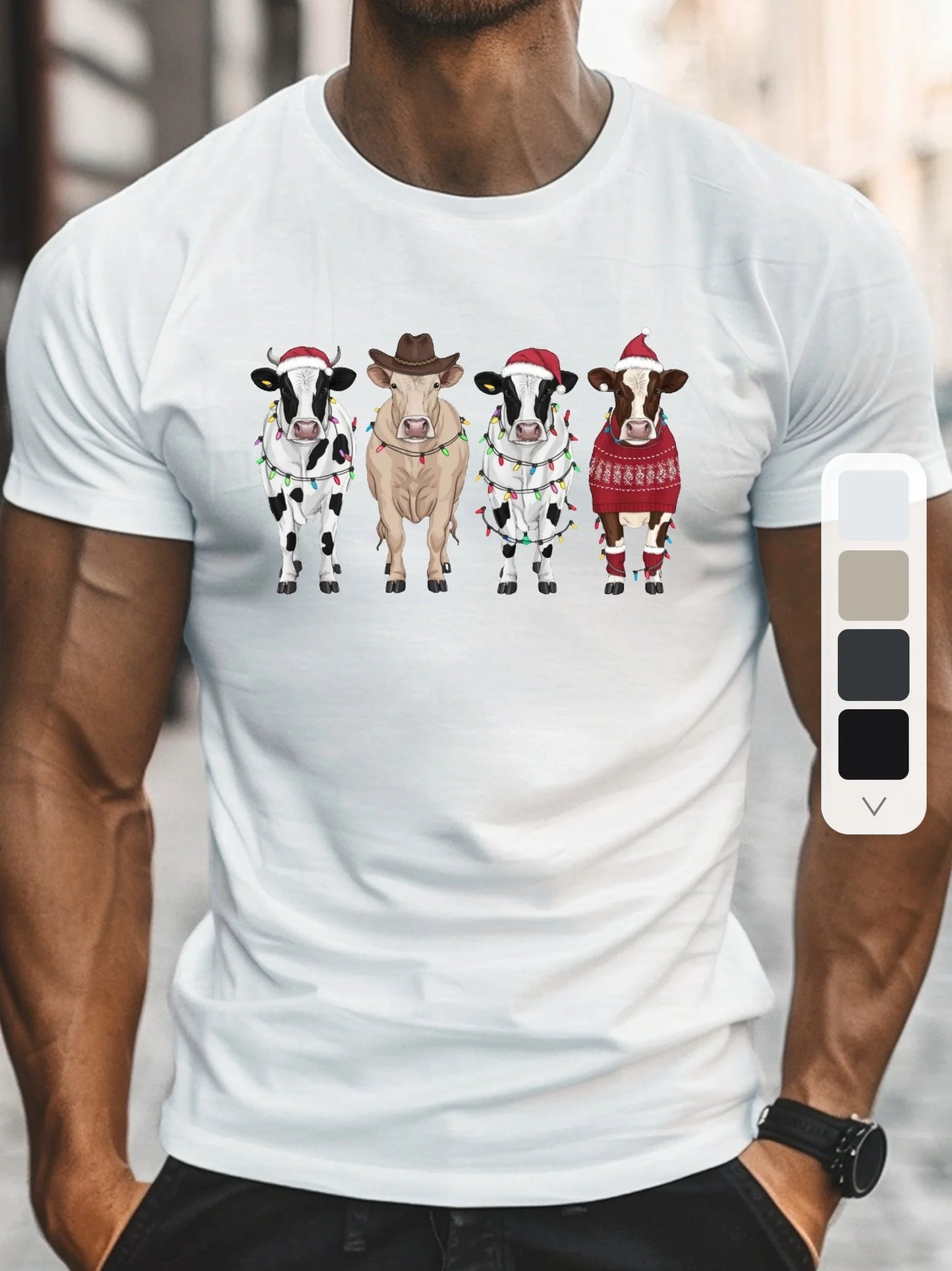 [Summer Wear Tee with Cows] A Casual Short-Sleeve Tee Featuring Four Cows Adorned with Christmas Decorations
