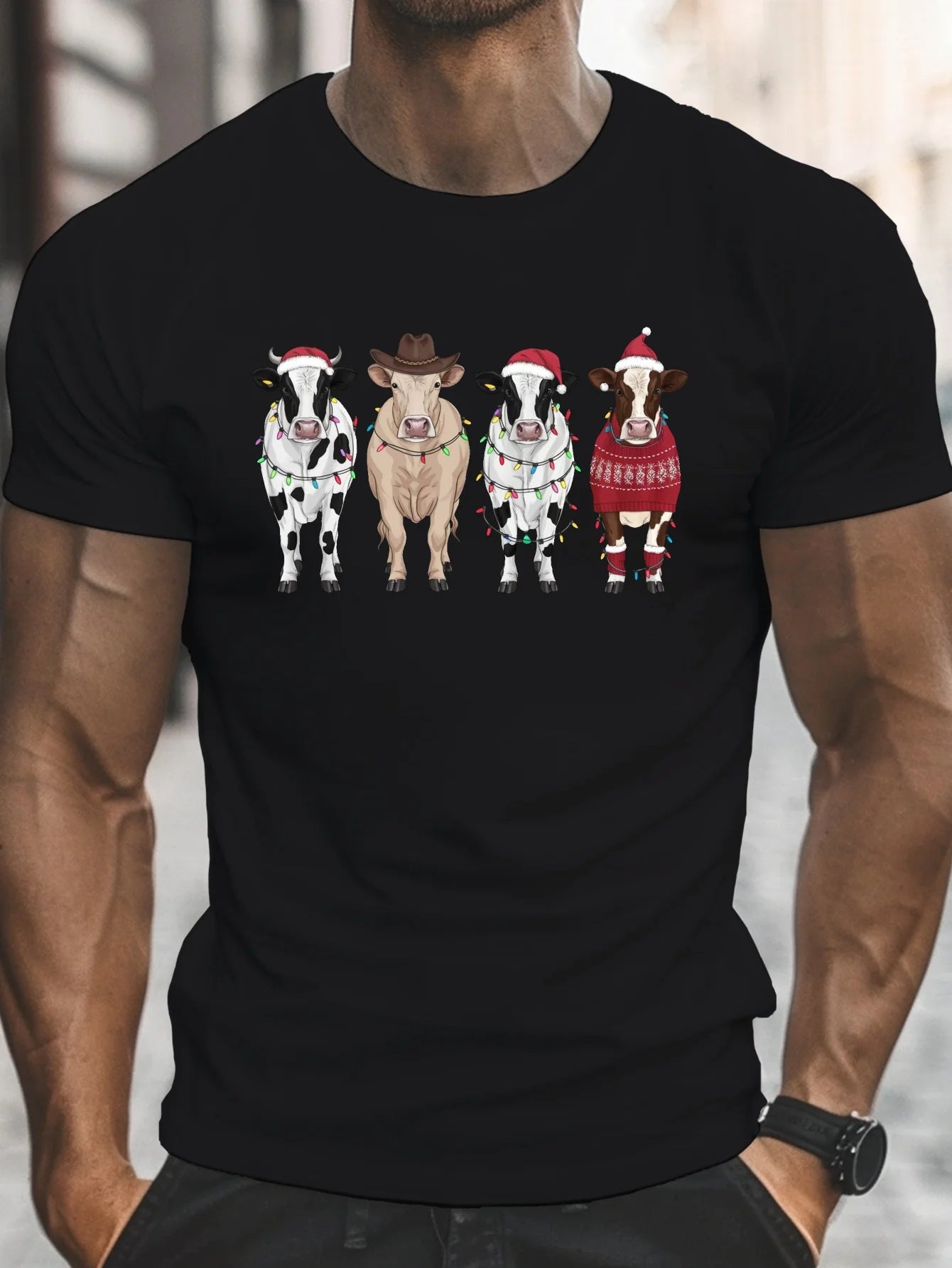 [Summer Wear Tee with Cows] A Casual Short-Sleeve Tee Featuring Four Cows Adorned with Christmas Decorations