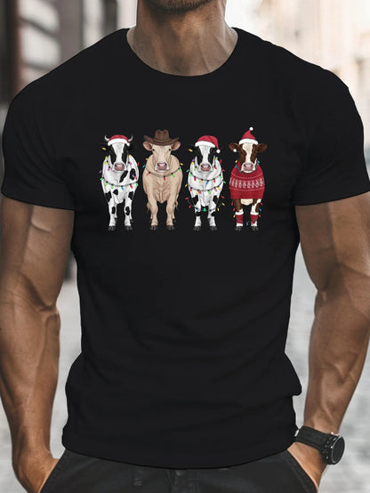 [Summer Wear Tee with Cows] A Casual Short-Sleeve Tee Featuring Four Cows Adorned with Christmas Decorations