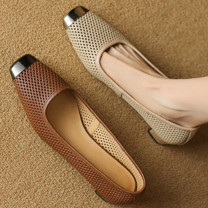 Plus size 34-41 women's hollow-out sheepskin slip-on summer breathable pumps metal toe 3cm kitten heel elegant ladies heels shoe