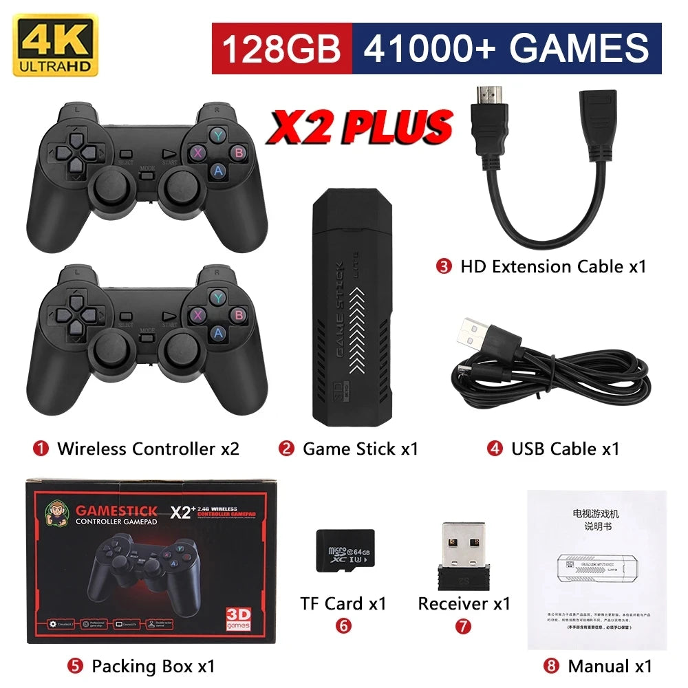 X2 Plus Gamestick 3D Retro Video Game Console 2.4G Wireless Controllers HD 4.3 System 40000 Games 40 Emulators for SEGA/PSP/PS1