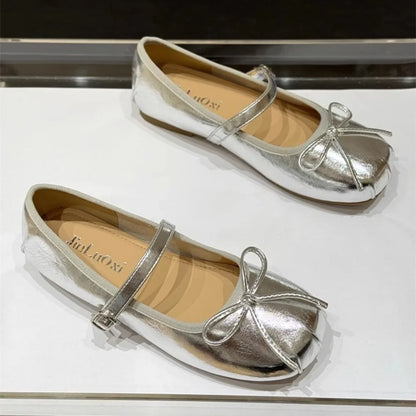 Low-heeled Pumps Women's Leather Flat Bottom with Mary Jane Small Leather Shoes Women's 2025 Summer New Bow Single Shoes Women