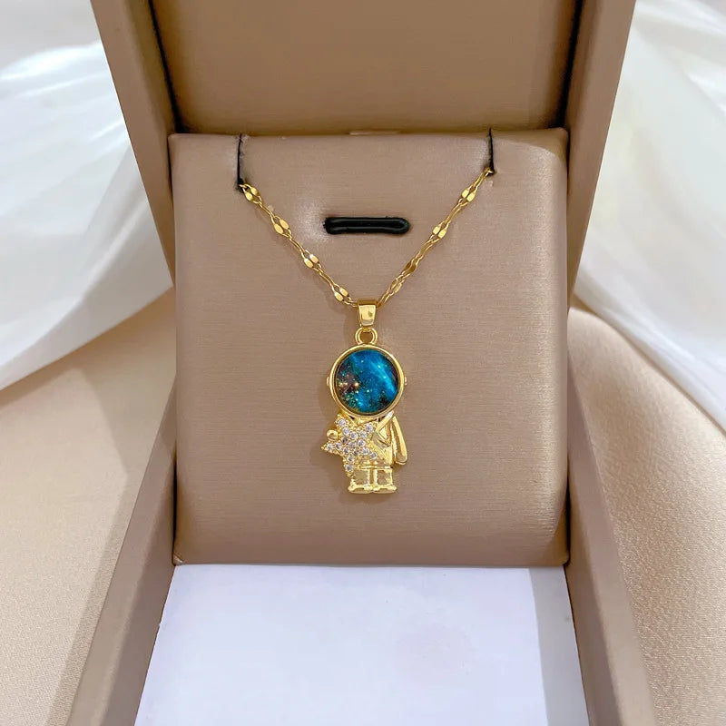 ZAKOL Spaceman Astronaut Star Necklaces For Women Girls Gold Color Planet Moon Pendant Clavicle Chain Choker Jewelry Gifts