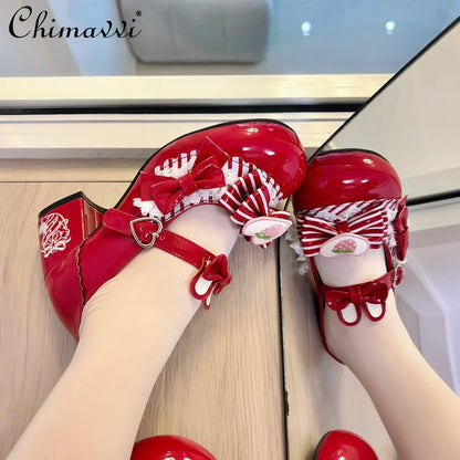 Original Sweet Strawberry Bow Cute Girl Lolita Shoes 2025 New Kawaii Princess Mary Jane Shoes Temperament Women's High Heels