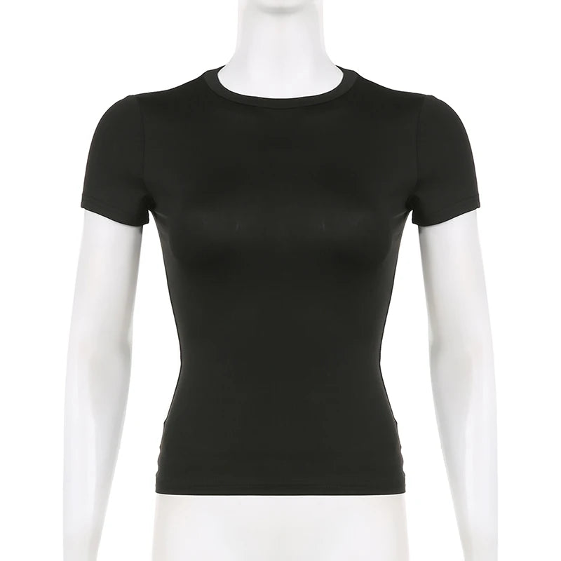 Women Short Sleeve T-shirts Causal O Neck Solid Slim Fit Tee Summer Sexy Basic Crop Top Simple T Shirt Female Y2K Tops Clothes