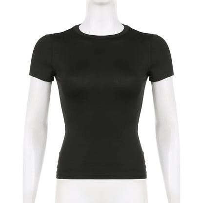 Women Short Sleeve T-shirts Causal O Neck Solid Slim Fit Tee Summer Sexy Basic Crop Top Simple T Shirt Female Y2K Tops Clothes