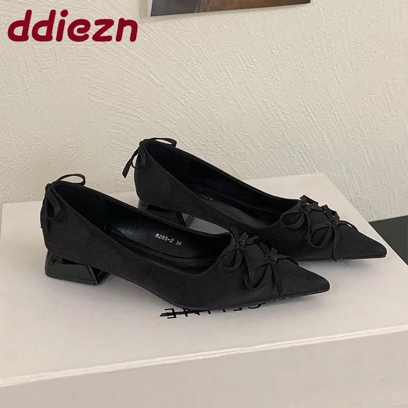 2025 New Fashion Silk Shallow Women Low Heel Shoes Butterfly-Knot Female Slip On Footwear Pointed Toe Ladies Heels Pumps Shoes