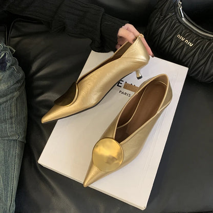 SUOJIALUN 2025 Autumn New Brand Women Pumps Shoes Fashion Gold Metal Shallow Slip On Single Shoes Thin Low Heel Dress Pumps
