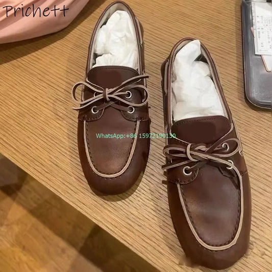 Niche Lace Up Butterfly Knot Pumps Shallow Round Toe Solid Brown Sewing Flat with Shoes Ladies Fashion Leisure Leather Shoes