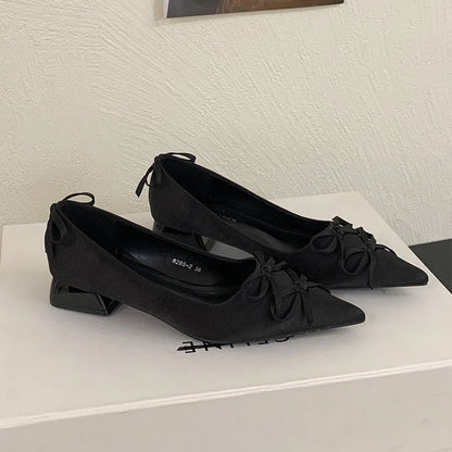 2025 New Fashion Silk Shallow Women Low Heel Shoes Butterfly-Knot Female Slip On Footwear Pointed Toe Ladies Heels Pumps Shoes