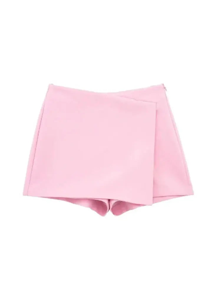 LAZVM Women Fashion Asymmetric Pareo Style Self Overlay Shorts Skirts Vintage High Waist Side Zipper Female Skort Mujer