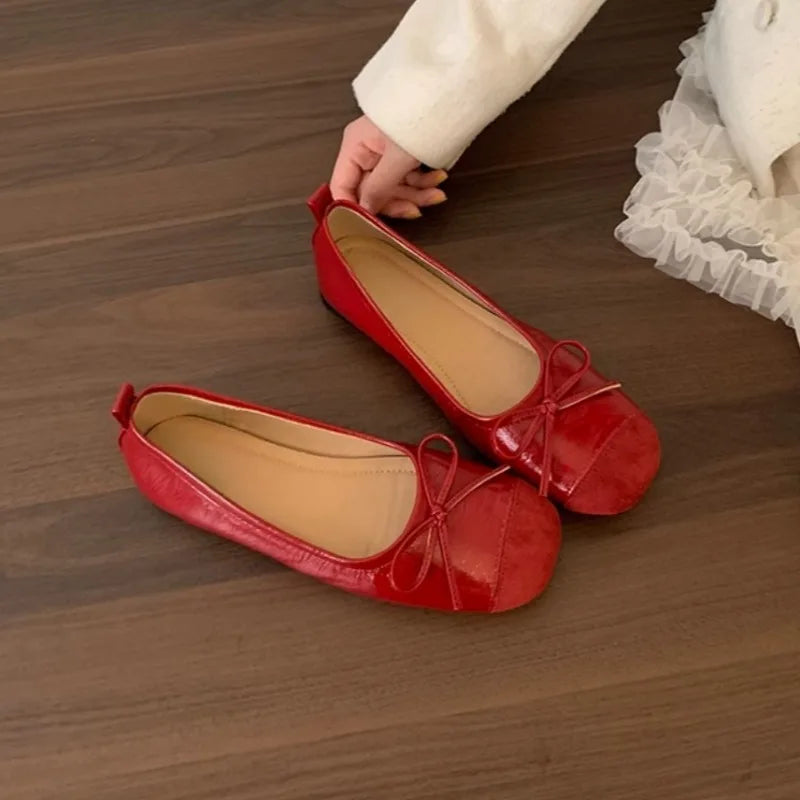 Autumn New Square Toe Shallow Mouth Bow Soft Sole Non-slip Wear-resistant Square Heel Shoes Low Heel Single Shoes