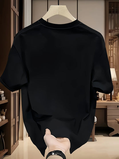 Men's Casual Black Cotton T-Shirt with "HUSTLE" Print - Short Sleeve, Round Neck, Machine Washable, Loose Fit