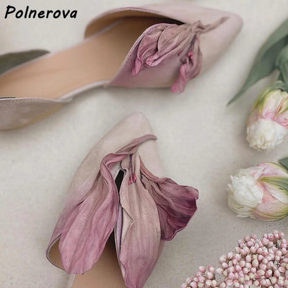 Green Pink Bud Pumps Flat Pleated Gradient Flower Mid Empty Genuine Leather Dress Shoes Elegant Women's Lovely Pumps 2025