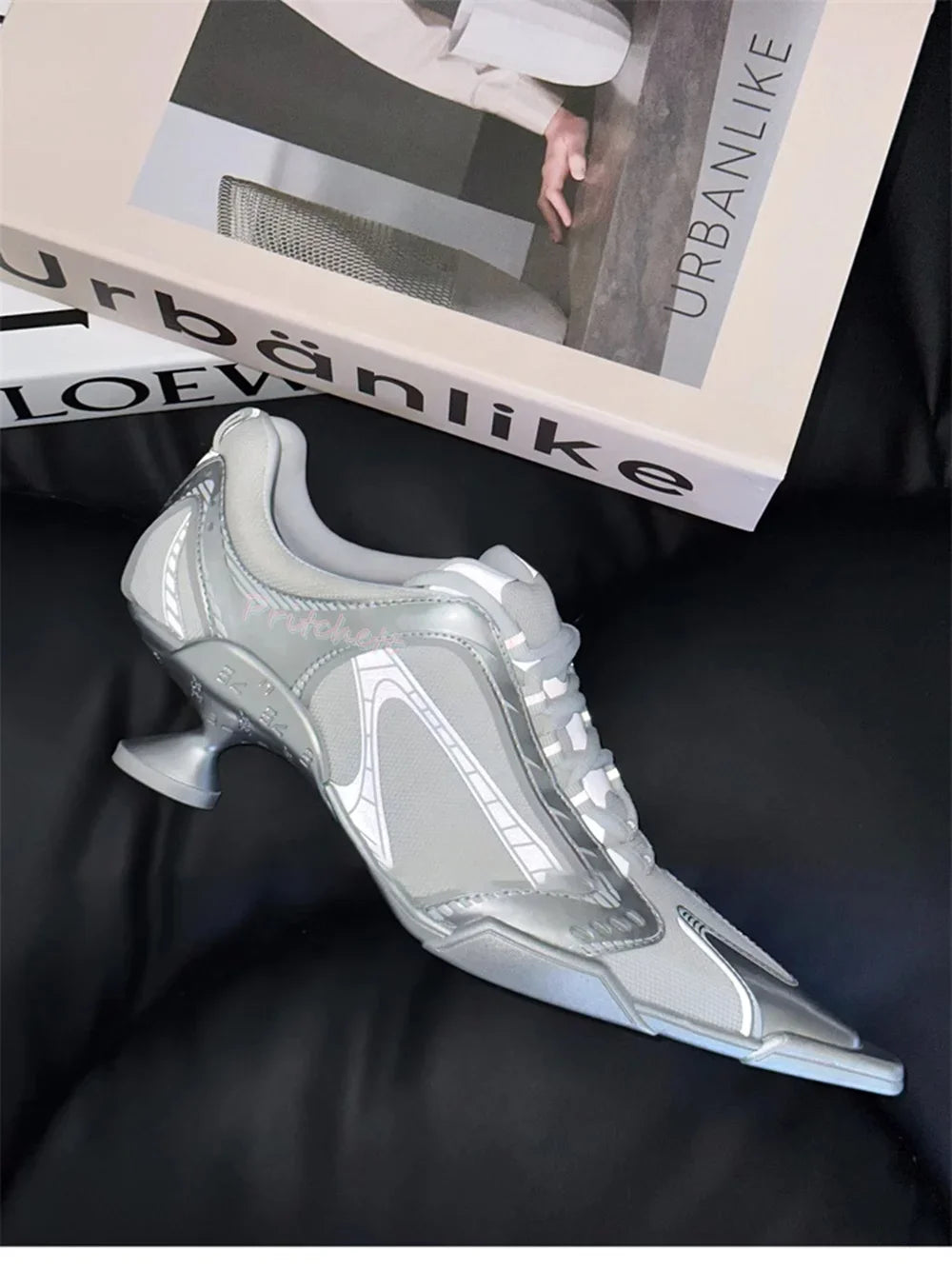 Sporty Ballet Casual Lace-up Sneaker Mesh Pointed Toe High Heels Women Stilettos Pumps Sexy Black Silver Girl Shoes Spring New