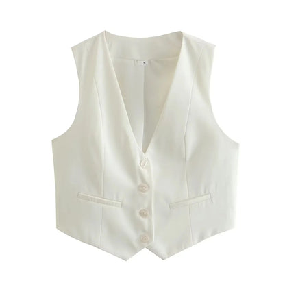 TRAFZA Fashion Women Vest Sleeveless Vests for Women Chic V-Neck Single-Breasted Ladies Elegant White Waistcoat Tops