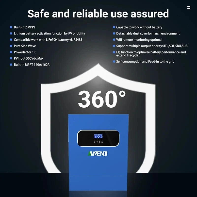 11KW Hybrid Solar Inverter MPPT Pure Sine Inverter 48V Off/On Grid Inversor PV 500V Dual Outputs Built-in 150A Charger
