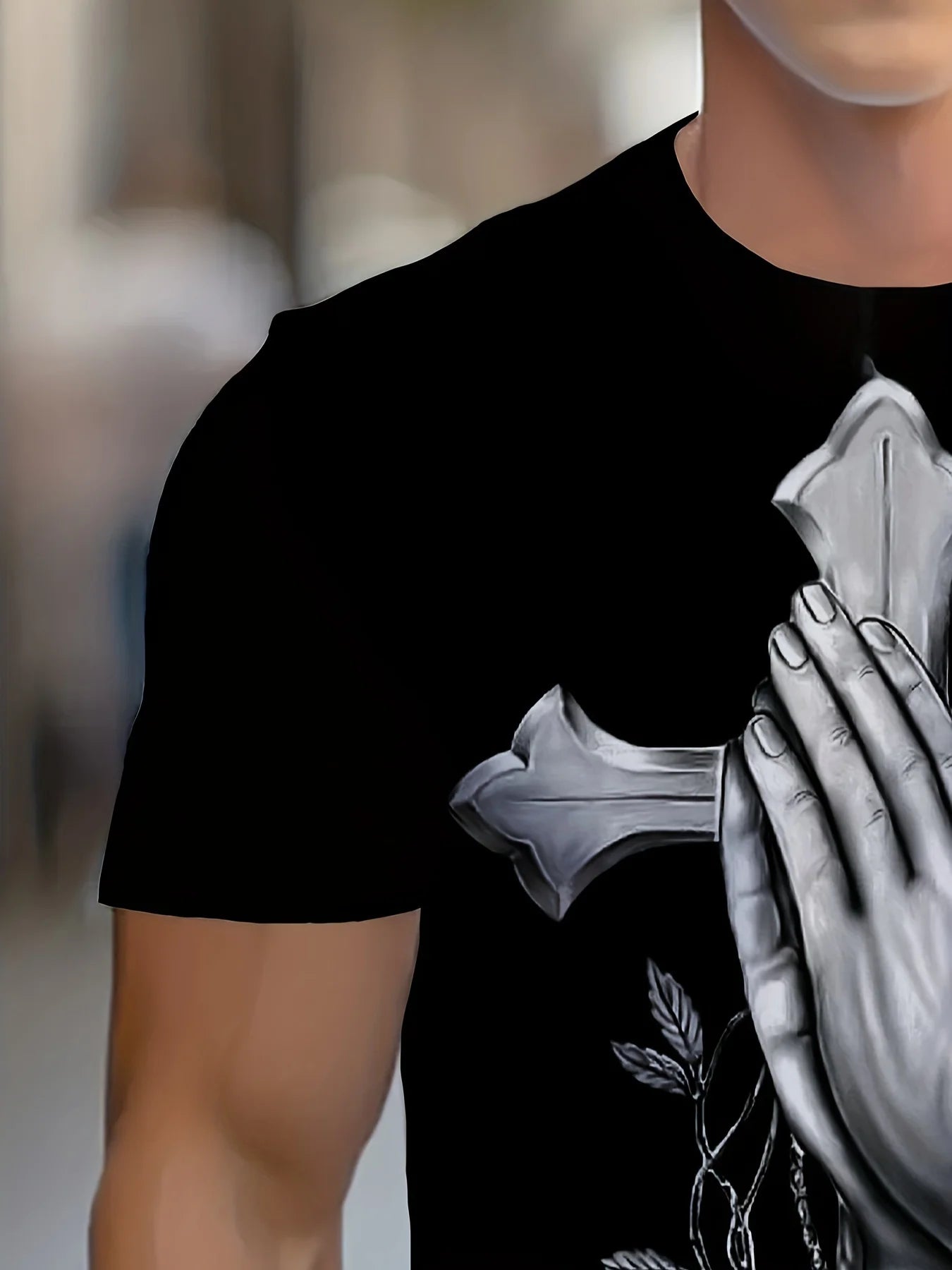Men'S Sports Crew Neck T-Shirt with Cross and Prayer Hand Pattern - 95% Cotton, 5% Spandex,