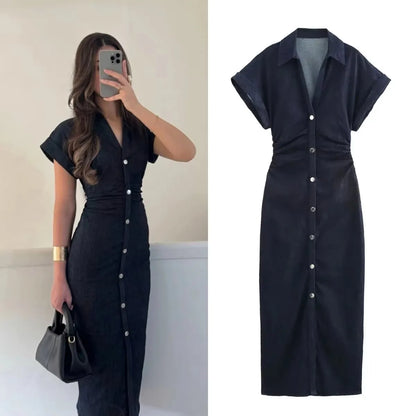 2025 traf Spring New 1975 series denim MIDI dress with lapel side zipper fashion wrinkle waist slim elegant dress