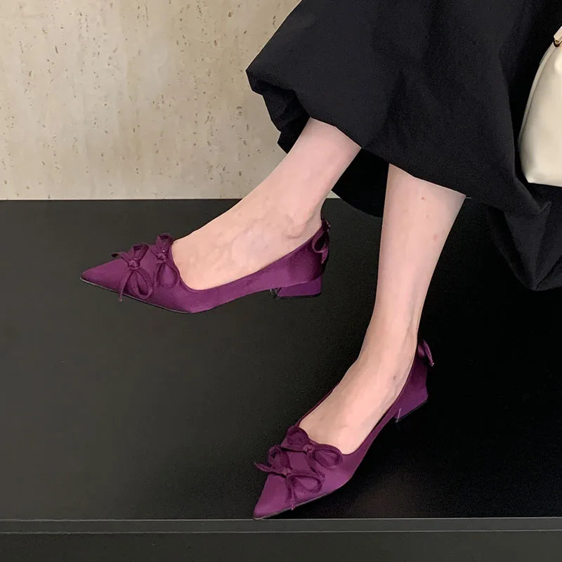 2025 New Fashion Silk Shallow Women Low Heel Shoes Butterfly-Knot Female Slip On Footwear Pointed Toe Ladies Heels Pumps Shoes
