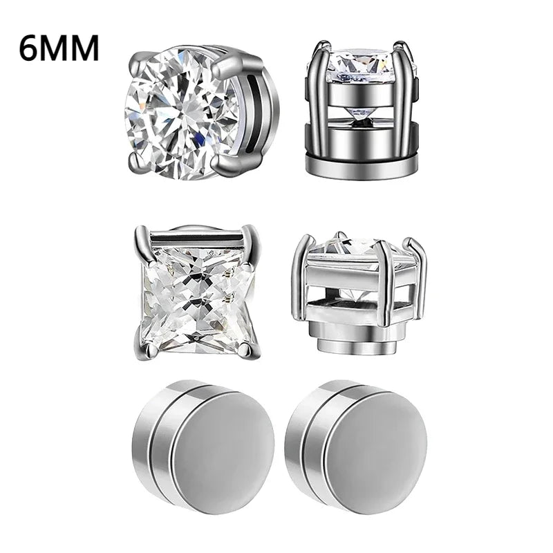 6 Pcset Crystal Strong Magnetic Ear Stud Clip Earrings for Men and Women Punk Round Zircon Magnet Earrings Non Piercing Jewelry