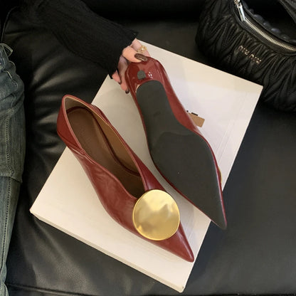 SUOJIALUN 2025 Autumn New Brand Women Pumps Shoes Fashion Gold Metal Shallow Slip On Single Shoes Thin Low Heel Dress Pumps