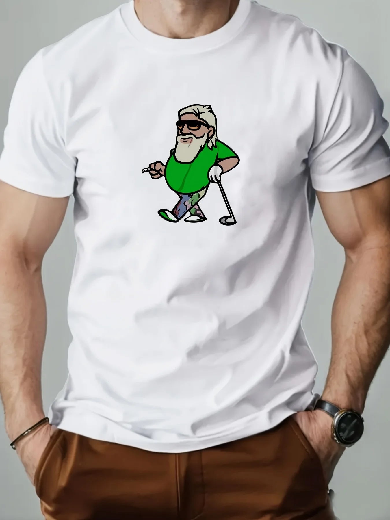 1pc Men'S Golf Cart Print Summer T-Shirt, Casual Crew Neck, Polyester Cotton Blend, Slight Stretch, Regular Fit