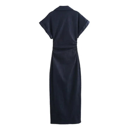 2025 traf Spring New 1975 series denim MIDI dress with lapel side zipper fashion wrinkle waist slim elegant dress