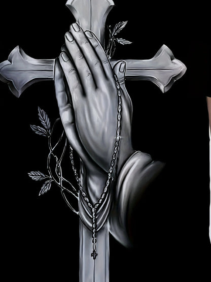 Men'S Sports Crew Neck T-Shirt with Cross and Prayer Hand Pattern - 95% Cotton, 5% Spandex,