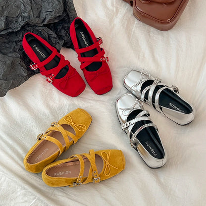 New Butterfly-knot Women Mary Jane Shoes Elegant Square Toe Dress Ladies Casual Internal Elevation Ballet Shoes