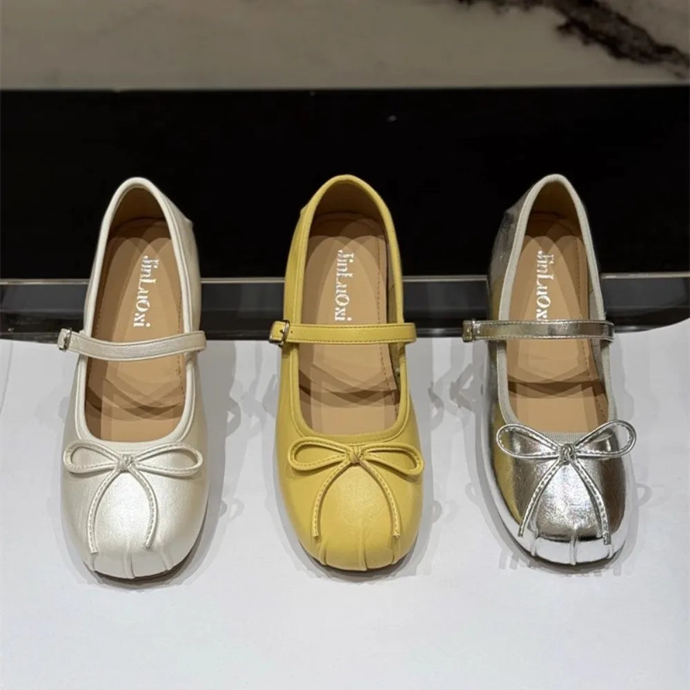 Low-heeled Pumps Women's Leather Flat Bottom with Mary Jane Small Leather Shoes Women's 2025 Summer New Bow Single Shoes Women