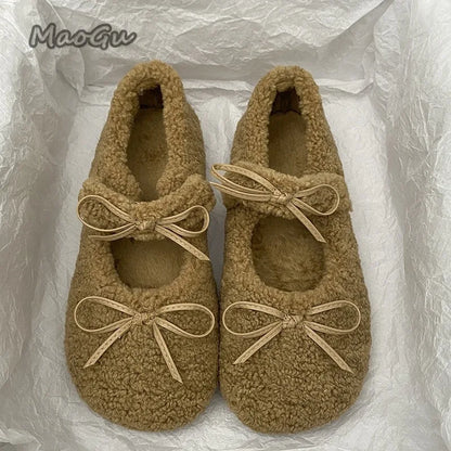 Autumn Winter Short Plush Low Heel Pumps Women's Fur Cozy Round Toe Loafers Sweet Comfortable Outwear Ballet Flats Size 35 40