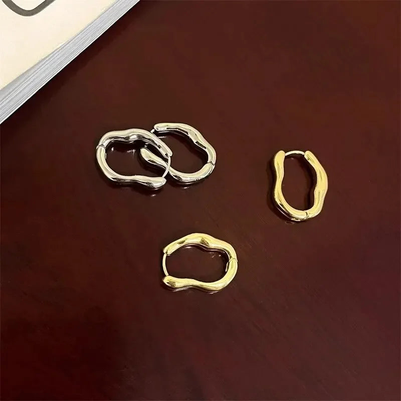Gold Silver Color Irregular Geometric Metallic Hoop Earrings for Women Simple Cool Ear Buckle Personalized Party Fashion Jewelry