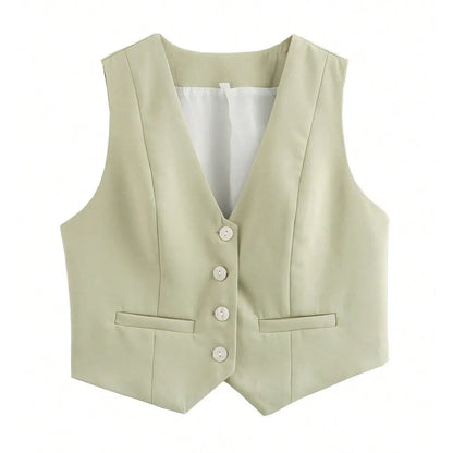 TRAFZA Fashion Women Vest Sleeveless Vests for Women Chic V-Neck Single-Breasted Ladies Elegant White Waistcoat Tops