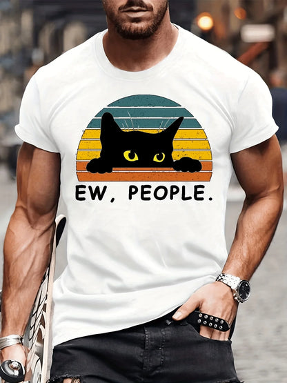 Fashion Forward Mens Black Cat Print T-Shirt - Stylish Hip Hop Crew Neck Tee for Summer Vacations & Unique Gifts - Comfortable