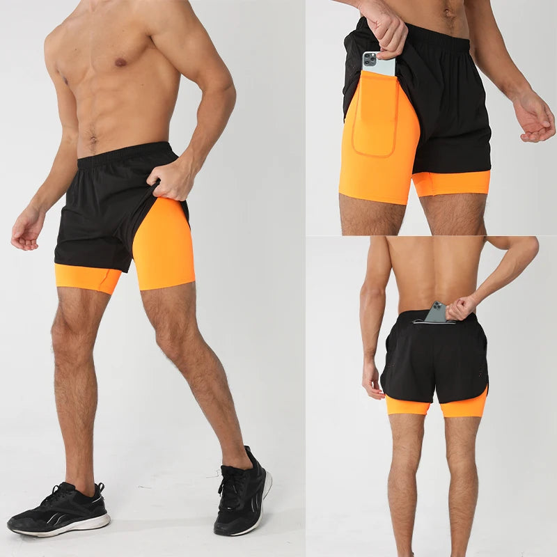 Men's Running Shorts Quick-drying Fitness Black Double Layer Shorts Men New Sport Workout Training Bodybuilding Short Pants