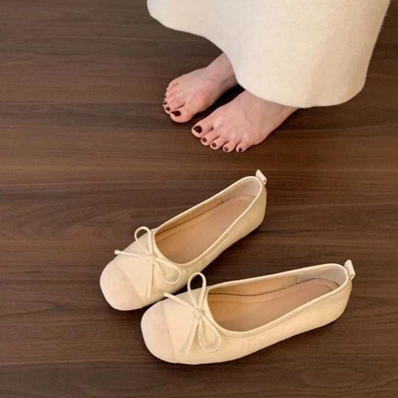 Autumn New Square Toe Shallow Mouth Bow Soft Sole Non-slip Wear-resistant Square Heel Shoes Low Heel Single Shoes