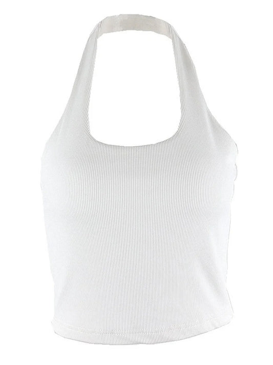 White Halter Sexy Backless Tank Tops for Women Streetwear 2023 Sleeveless Ribbed Knit Vest Top Cropped Feminino