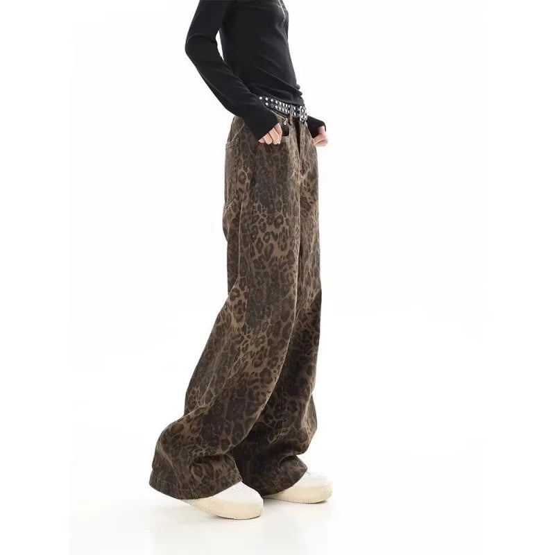 American vintage leopard print jeans female autumn winter new design sense small straight tube overalls casual pants