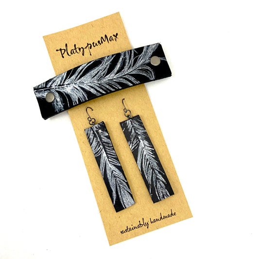 Silver Feather on Black Leather Barrette and Earring Gift Set-0