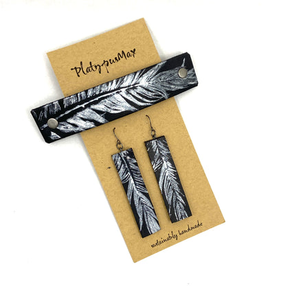 Silver Feather on Black Leather Barrette and Earring Gift Set-1