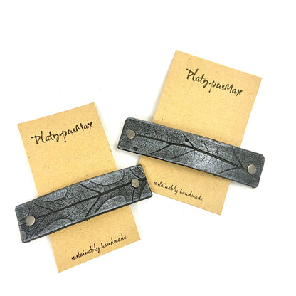 Silver on Black Oak Leaf Imprint Leather Hair Barrette-1