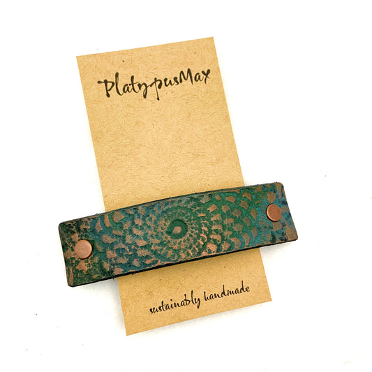 Weathered Copper Embossed Mandala Leather Barrette - Matte Green and Bronze Patina-0