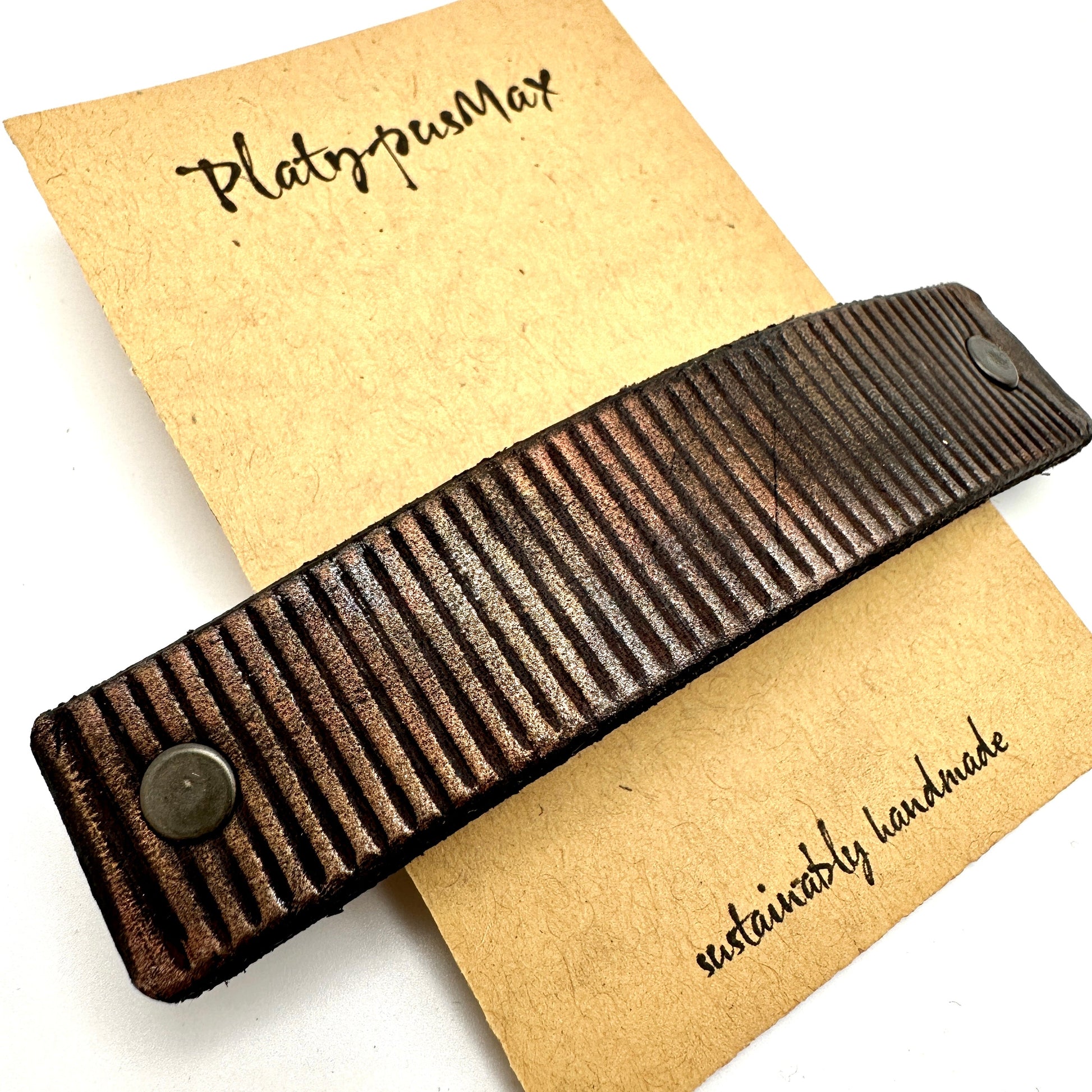 Rustic Dark Copper Ridges Leather Hair Barrette-1