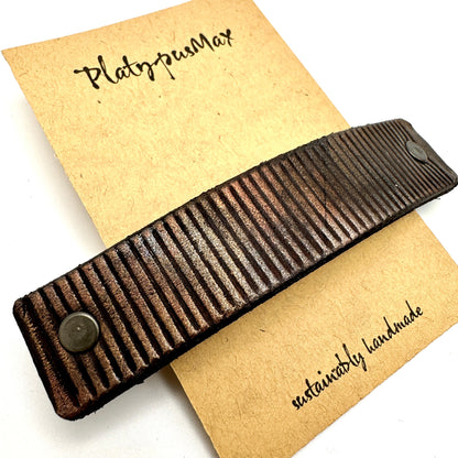 Rustic Dark Copper Ridges Leather Hair Barrette-1