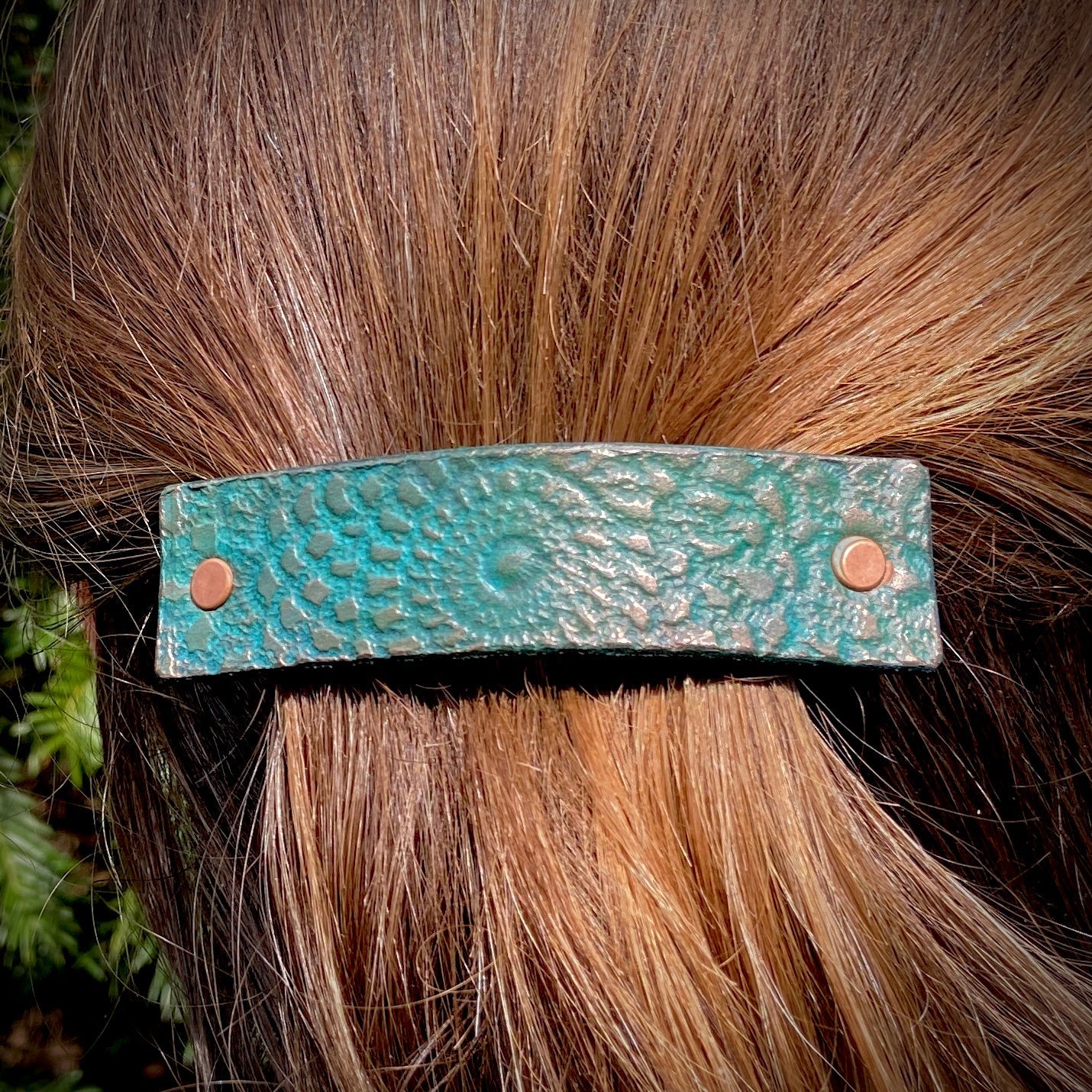 Weathered Copper Embossed Mandala Leather Barrette - Matte Green and Bronze Patina-1