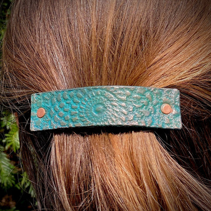 Weathered Copper Embossed Mandala Leather Barrette - Matte Green and Bronze Patina-1