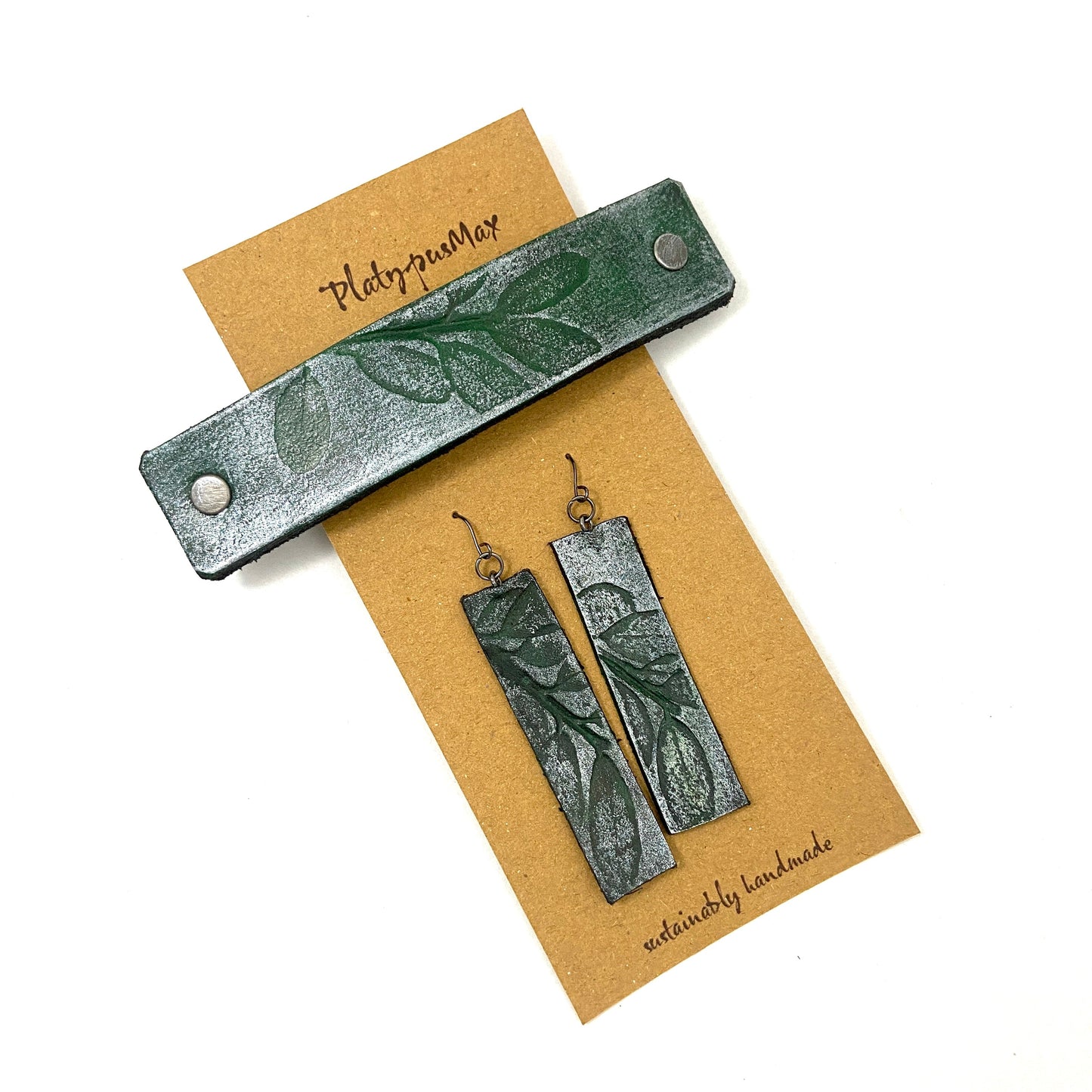 Green & Silver Embossed Leaves Barrette and Earring Gift Set-1