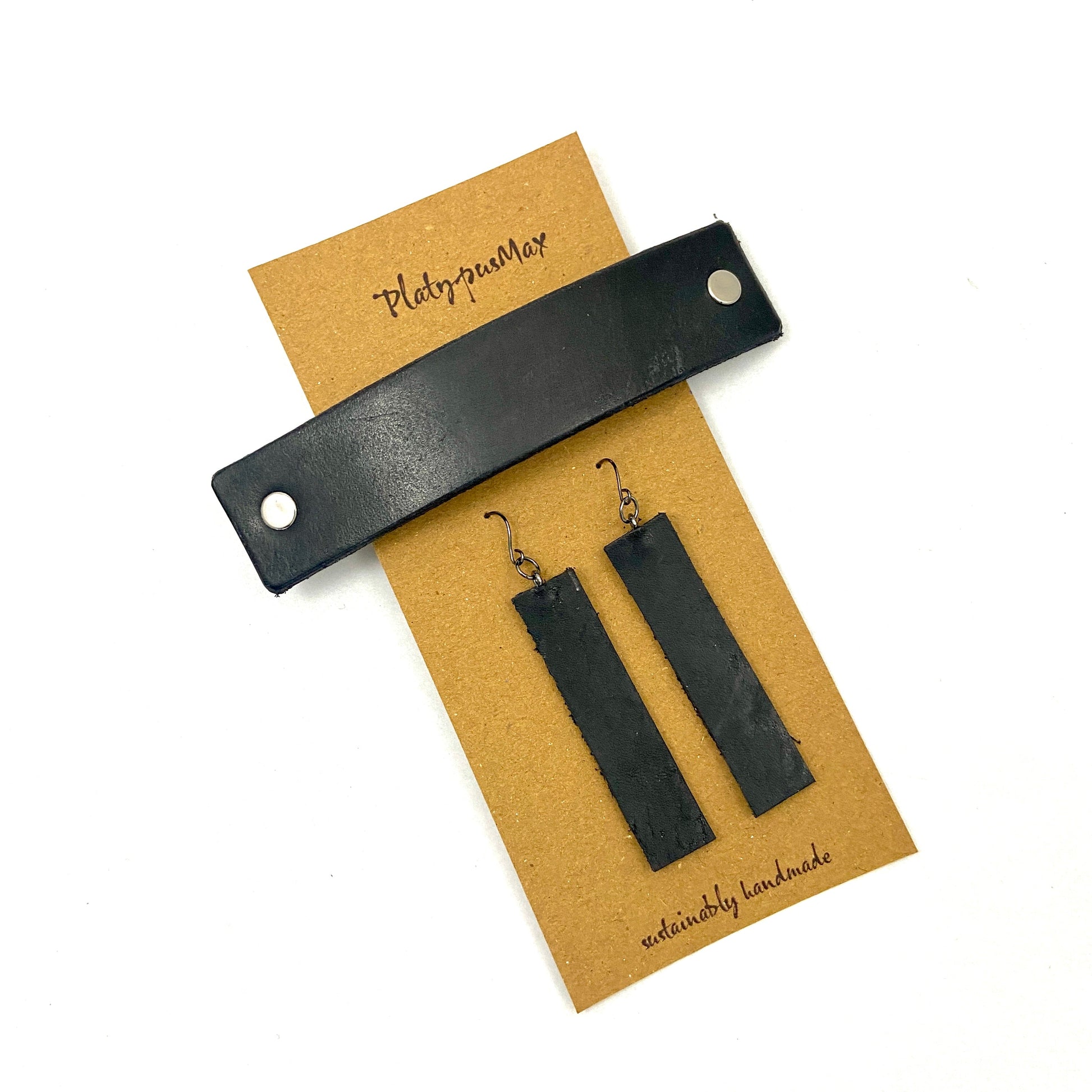Basic Black Upcycled Leather Barrette and Earring Gift Set-1